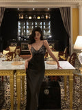 Niulatu Sheath Spaghetti Straps Black Satin Prom Dresses Birthday Outfits Evening Gown SD947