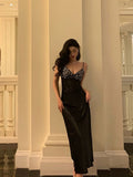 Niulatu Sheath Spaghetti Straps Black Satin Prom Dresses Birthday Outfits Evening Gown SD947