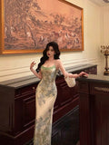 Niulatu Sheath Spaghetti Straps Sage Green Floral Prom Dresses Birthday Outfits Evening Gown SD948