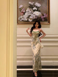 Niulatu Sheath Spaghetti Straps Sage Green Floral Prom Dresses Birthday Outfits Evening Gown SD948