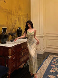 Niulatu Sheath Spaghetti Straps Sage Green Floral Prom Dresses Birthday Outfits Evening Gown SD948