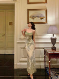 Niulatu Sheath Spaghetti Straps Sage Green Floral Prom Dresses Birthday Outfits Evening Gown SD948