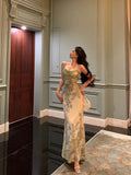 Niulatu Sheath Spaghetti Straps Sage Green Floral Prom Dresses Birthday Outfits Evening Gown SD948