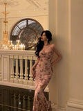 Niulatu Sheath Spaghetti Straps Floral Pink Prom Dresses Birthday Outfits Evening Gown SD949