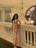 Niulatu Sheath Spaghetti Straps Floral Pink Prom Dresses Birthday Outfits Evening Gown SD949