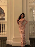 Niulatu Sheath Spaghetti Straps Floral Pink Prom Dresses Birthday Outfits Evening Gown SD949