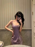 Niulatu Sheath Spaghetti Straps Lilac Long Satin Prom Dresses Birthday Outfits Evening Gown SD950