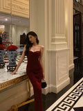 Niulatu Sheath Spaghetti Straps Red Velvet Prom Dresses Birthday Outfits Evening Gown SD951