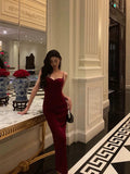 Niulatu Sheath Spaghetti Straps Red Velvet Prom Dresses Birthday Outfits Evening Gown SD951
