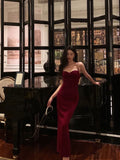 Niulatu Sheath Spaghetti Straps Red Velvet Prom Dresses Birthday Outfits Evening Gown SD951