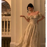 Niulatu A Line Off The Shoulder Short Sleeves Floral Prom Dresses Birthday Outfits Evening Gown SD952