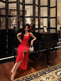 Niulatu A Line Square Neckline Red Chiffon Prom Dresses Birthday Outfits Evening Gown SD953