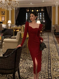 Niulatu Sheath Strapless Red Slit Prom Dresses Beads Birthday Outfits Evening Gown SD954
