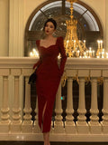 Niulatu Sheath Strapless Red Slit Prom Dresses Beads Birthday Outfits Evening Gown SD954