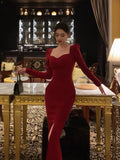 Niulatu Sheath Strapless Red Slit Prom Dresses Beads Birthday Outfits Evening Gown SD954