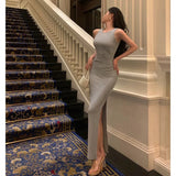Niulatu Sheath Scoop Neckline Dusty Blue Slit Prom Dresses Birthday Outfits Evening Gown SD955