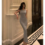 Niulatu Sheath Scoop Neckline Dusty Blue Slit Prom Dresses Birthday Outfits Evening Gown SD955