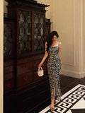 Niulatu Sheath Spaghetti Straps Blue Floral Prom Dresses Birthday Outfits Evening Gown SD956