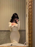Niulatu Sheath Strapless White Long Sleeves Prom Dresses Birthday Outfits Evening Gown SD960