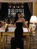 Niulatu Sheath Strapless Black Prom Dresses Beads Birthday Outfits Evening Gown SD962
