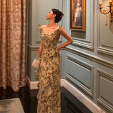 Niulatu Sheath Square Neckline Floral Slit Prom Dresses Birthday Outfits Evening Gown SD966