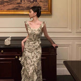 Niulatu Sheath Square Neckline Floral Slit Prom Dresses Birthday Outfits Evening Gown SD966