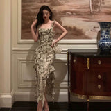 Niulatu Sheath Square Neckline Floral Slit Prom Dresses Birthday Outfits Evening Gown SD966