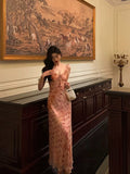 Niulatu Sheath Straps Pink Floral Chiffon Ruffles Prom Dresses Birthday Outfits Evening Gown SD967