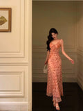 Niulatu Sheath Straps Pink Floral Chiffon Ruffles Prom Dresses Birthday Outfits Evening Gown SD967