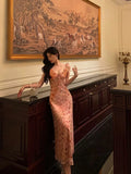 Niulatu Sheath Straps Pink Floral Chiffon Ruffles Prom Dresses Birthday Outfits Evening Gown SD967
