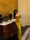 Niulatu Sheath Spaghetti Straps Gold Prom Dresses Birthday Outfits Evening Gown SD969