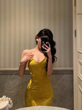 Niulatu Sheath Spaghetti Straps Gold Prom Dresses Birthday Outfits Evening Gown SD969
