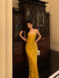 Niulatu Sheath Spaghetti Straps Gold Prom Dresses Birthday Outfits Evening Gown SD969
