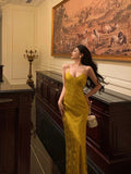 Niulatu Sheath Spaghetti Straps Gold Prom Dresses Birthday Outfits Evening Gown SD969