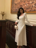 Niulatu A line Square Neckline Long Sleeves White Prom Dresses Birthday Outfits Evening Gown SD975