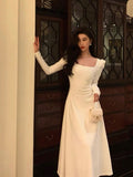 Niulatu A line Square Neckline Long Sleeves White Prom Dresses Birthday Outfits Evening Gown SD975