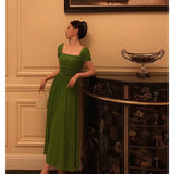 Niulatu A Line Square Neckline Green Long Prom Dresses Birthday Outfits Evening Gown SD978