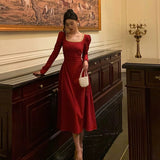 Niulatu A Line Square Neckline Red Velvet Prom Dresses Birthday Outfits Evening Gown SD979