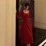 Niulatu A Line Square Neckline Red Velvet Prom Dresses Birthday Outfits Evening Gown SD979