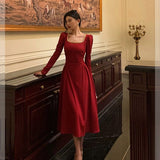 Niulatu A Line Square Neckline Red Velvet Prom Dresses Birthday Outfits Evening Gown SD979