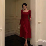 Niulatu A Line Square Neckline Red Velvet Prom Dresses Birthday Outfits Evening Gown SD979
