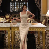 Niulatu Sheath Straps White Slit Prom Dresses Birthday Outfits Evening Gown Party Dress SD988