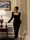 Niulatu Sheath Square Neckline Black Velvet Prom Dresses Birthday Outfits Evening Gown SD989