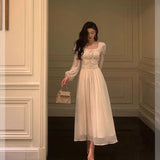 Niulatu A line Square Neckline Long Sleeves White Chiffon Prom Dresses Birthday Outfits Evening Gown SD992