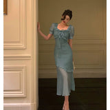 Niulatu Mermaid Square Neckline Short Sleeves Blue Chiffon Prom Dresses Birthday Outfits Evening Gown SD993