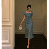 Niulatu Mermaid Square Neckline Short Sleeves Blue Chiffon Prom Dresses Birthday Outfits Evening Gown SD993