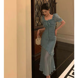 Niulatu Mermaid Square Neckline Short Sleeves Blue Chiffon Prom Dresses Birthday Outfits Evening Gown SD993