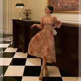 Niulatu A Line V Neckline Long Sleeves Pink Floral Prom Dresses Birthday Outfits Evening Gown SD994
