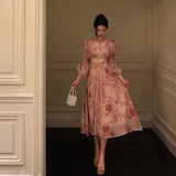 Niulatu A Line V Neckline Long Sleeves Pink Floral Prom Dresses Birthday Outfits Evening Gown SD994