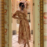 Niulatu A Line V Neckline Long Sleeves Pink Floral Prom Dresses Birthday Outfits Evening Gown SD994